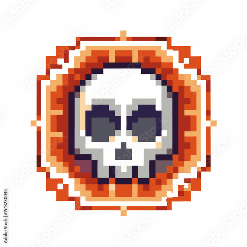 Pixel art skull emblem retro digital icon, video game death symbol, 8 bit style, orange ornate border, dangerous warning