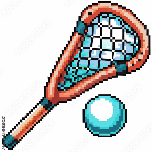 Pixel art lacrosse stick and ball retro 8 bit sports gear illustration, vintage athletic equipment, recreational team game icon