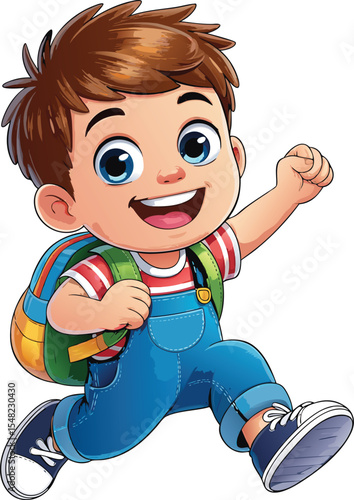 Happy boy running and jumping with backpack ready for school or adventure cartoon illustration