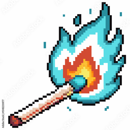 Pixel art matchstick with bright blue flame, retro ignition, creative digital fire illustration on transparent background