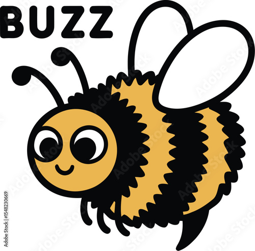 A cartoon bee with black and yellow stripes and white wings with the word buzz above the bee image