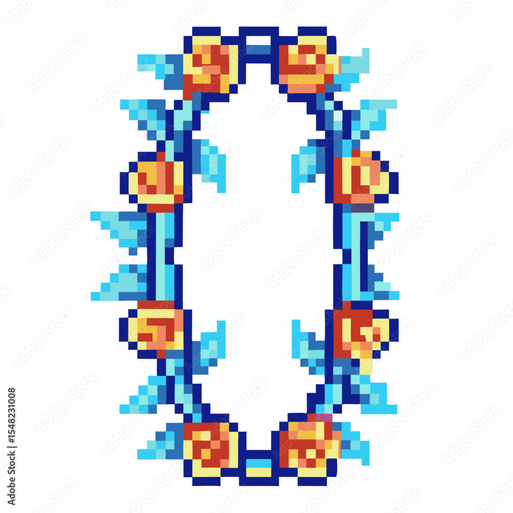 Pixel art floral oval frame with orange roses and blue leaves retro digital border for decoration and creative design projects Pixel art floral oval frame with orange roses and blue leaves retro digital border for decoration and creative design projects