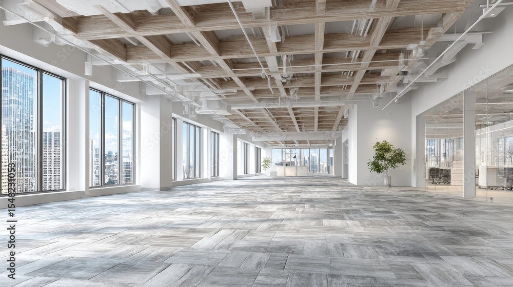 Bright and airy office space features expansive windows with city skyline views. The open layout and wooden ceiling create a contemporary feel during daytime hours. Bright and airy office space features expansive windows with city skyline views. The open layout and wooden ceiling create a contemporary feel during daytime hours.