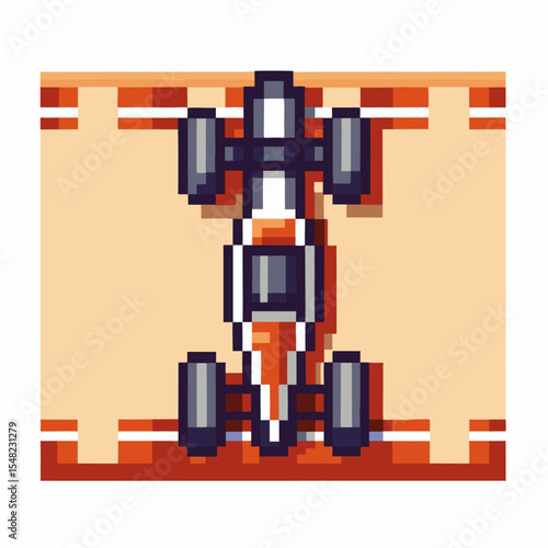Retro pixel art racing car top view vintage arcade race automobile on track, 8 bit driverless vehicle, motorsport pixelated design