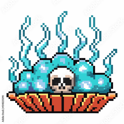 Pixel art toxic food with skull and fumes poisoned meal warning, hazardous eat, dangerous caution, health risk illustration