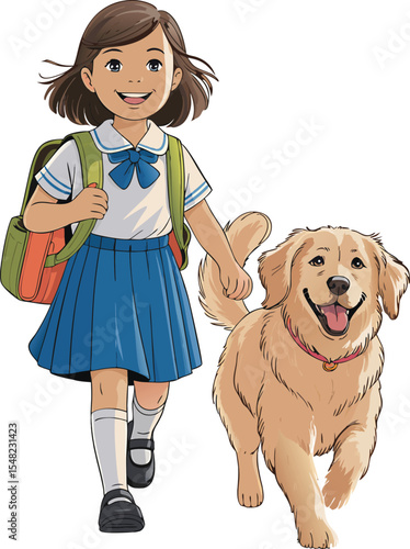 Young girl in school uniform walking happily with a golden retriever dog illustration