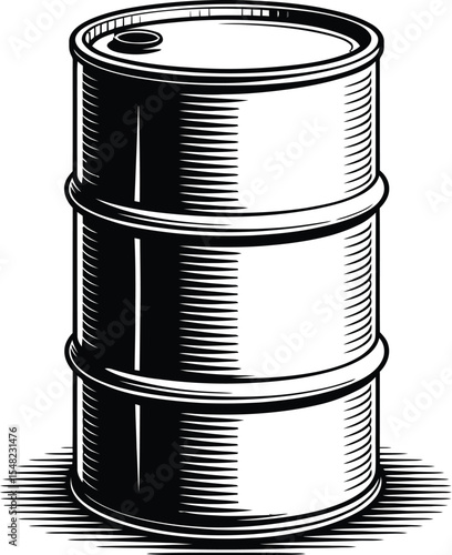 A black and white illustration of a metal barrel with a lid and horizontal lines for shading effect