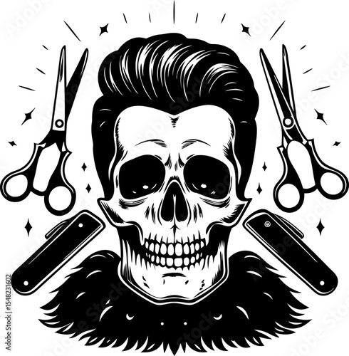 Vintage skull with stylish pompadour hairstyle, barber scissors, and straight razors masculine barbershop tattoo art