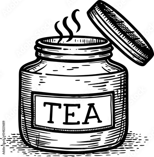 Open tea jar with lid, hand drawn hot steam, vintage black and white sketch, loose leaf storage, aromatic beverage container