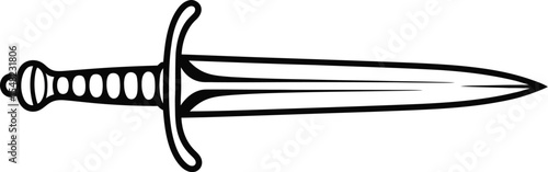 A stylized black and white drawing of a dagger with a detailed handle and a pointed blade design