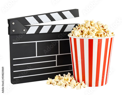 Movie clapper board and popcorn on transparent background..