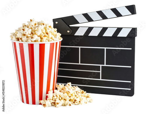 Movie clapper board and popcorn on transparent background..