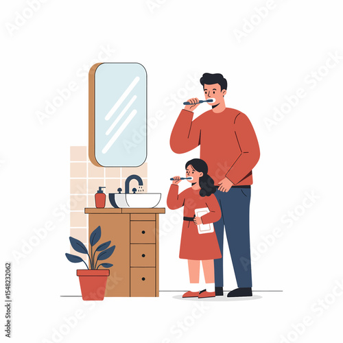 Adobe illustrator artwork vector flat illustration: A father and daughter brushing their teeth together in a bathroom with a sink, mirror, and potted plants, promoting dental hygiene