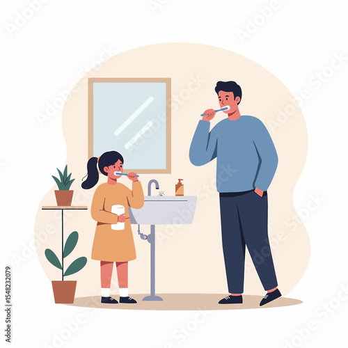 Adobe illustrator artwork vector flat illustration: A father and daughter brushing their teeth together in a bathroom with a sink, mirror, and potted plants, promoting dental hygiene