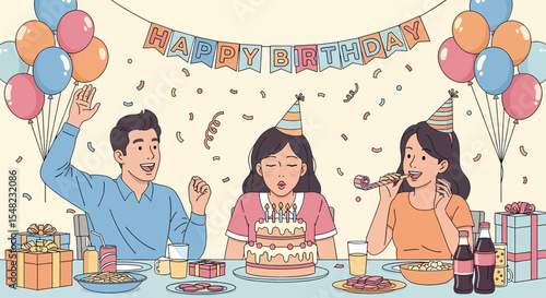 Adobe illustrator artwork vector illustration: A lively friendship birthday celebration with young adults wearing party hats, one holding a cake with candles, amidst balloons, banners, and confetti