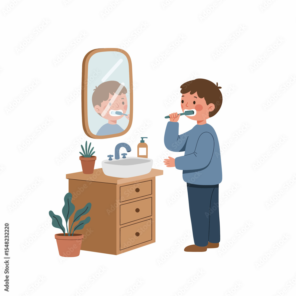 Adobe illustrator artwork vector illustration: A charming illustration of a young boy with a toothbrush, brushing his teeth in a bathroom with a rectangular mirror and a green plant on the counter Adobe illustrator artwork vector illustration: A charming illustration of a young boy with a toothbrush, brushing his teeth in a bathroom with a rectangular mirror and a green plant on the counter