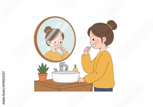 Adobe illustrator artwork vector flat illustration: A charming illustration of a young girl with a bun, brushing her teeth in a bathroom with a round mirror and a green plant on the counter