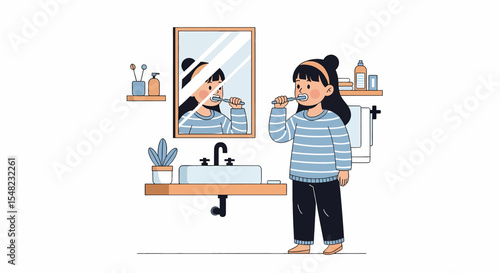 Adobe illustrator artwork vector flat illustration: A charming illustration of a young girl with a bun, brushing her teeth in a bathroom with a round mirror and a green plant on the counter