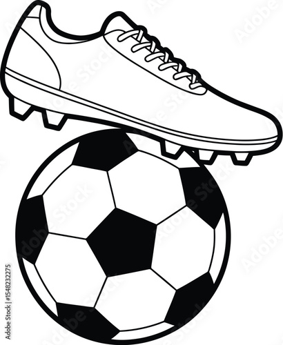 A black and white drawing showing a soccer ball with a cleat on top of it in a simple illustration