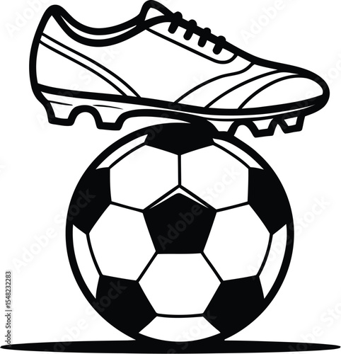 A simple black and white drawing of a soccer ball with a cleat sitting on top of it with a white background