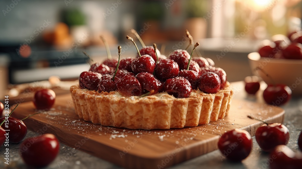 A freshly baked cherry tart sits enticingly on a wooden board, topped with shiny cherries. Sunlight streams in, casting a warm glow in the cozy kitchen, with scattered cherries nearby. A freshly baked cherry tart sits enticingly on a wooden board, topped with shiny cherries. Sunlight streams in, casting a warm glow in the cozy kitchen, with scattered cherries nearby.