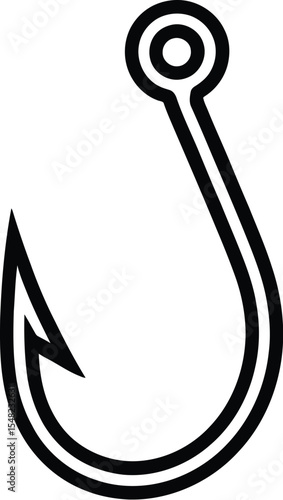 A simple line drawing of a fishing hook with a sharp barb isolated on a white background space