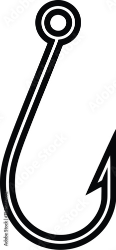 A black outline of a fishing hook with a sharp barb and a circular eyelet on a white background