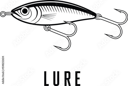 A detailed black and white illustration of a fishing lure with hooks and feather like appendages