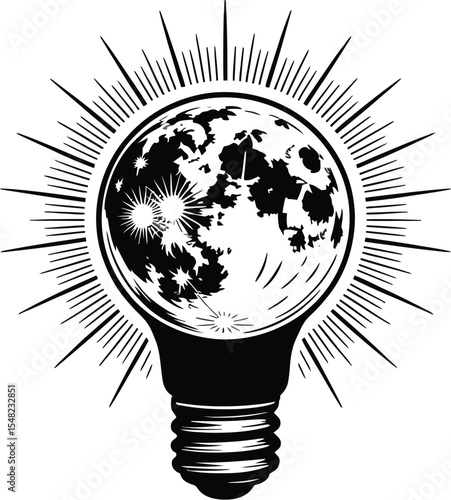 A black and white illustration of a lightbulb with a moon inside and radiating lines around it