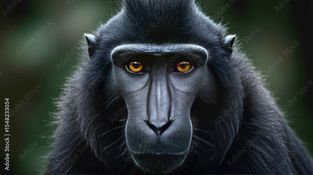 A critically endangered Celebes crested macaque (Macaca nigra) stares intensely forward, showcasing its striking black fur and amber eyes. A critically endangered Celebes crested macaque (Macaca nigra) stares intensely forward, showcasing its striking black fur and amber eyes.