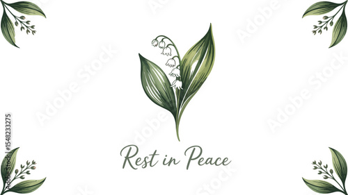 Watercolor lily of the valley with rest in peace text and leaf accents on a light green background