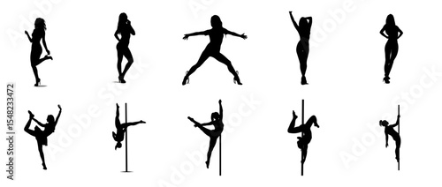 Silhouettes of pole dancers performing various poses without background  