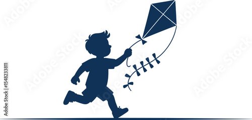 Silhouette of a boy running and flying a kite on a light blue background with a single line ground