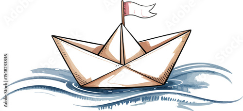 A paper boat with a pink flag sailing on blue watercolor waves against a white background illustration