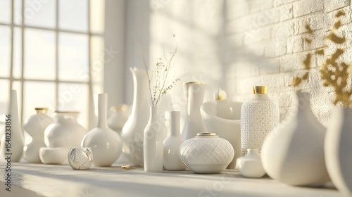 Collection of white ceramic vases in sunlight casting shadows in interior design minimalist decor scene