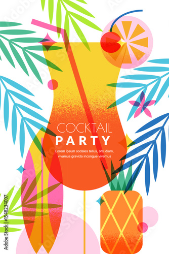 Cocktail beach summer party poster design. Vector illustration of cocktail, surfboard, pineapple and palm leaves frame