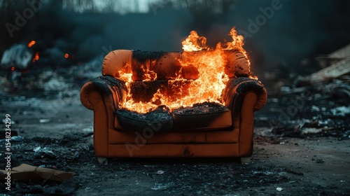 An orange couch engulfed in flames creates an intense and dramatic scene, provoking thoughts on waste, urban decay, and the ashes of forgotten comfort.