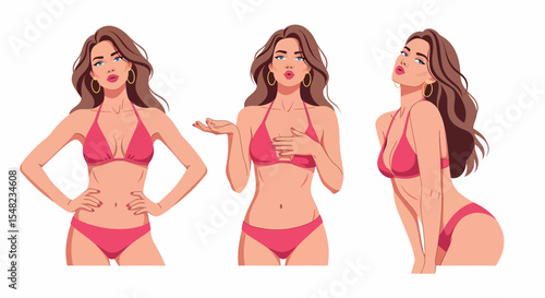 Adobe illustrator artwork vector illustration: set of stylish pin-up style women in bikinis showcasing different poses against a white background