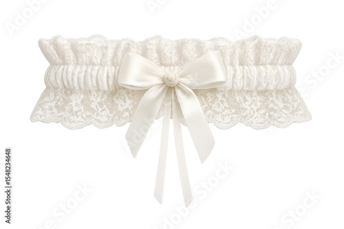 White lace garter with satin ribbon bow on transparent background