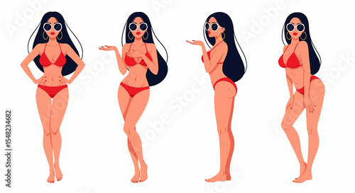 Adobe illustrator artwork vector illustration: set of stylish pin-up style women in bikinis showcasing different poses against a white background