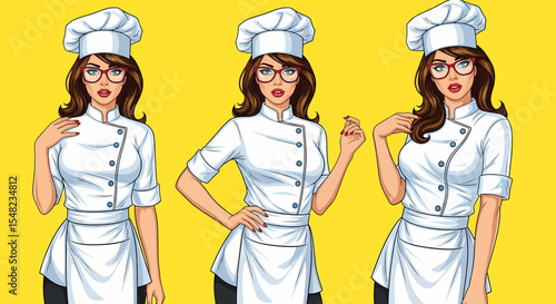 Adobe illustrator artwork vector illustration: Pop art pin-up style illustration featuring set of charming female chefs in white uniforms, hats, and glasses against a vibrant yellow background