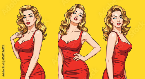 Adobe illustrator artwork vector illustration: Pop art pin-up style illustration featuring set of glamorous blonde women in elegant red dresses against a vibrant yellow background