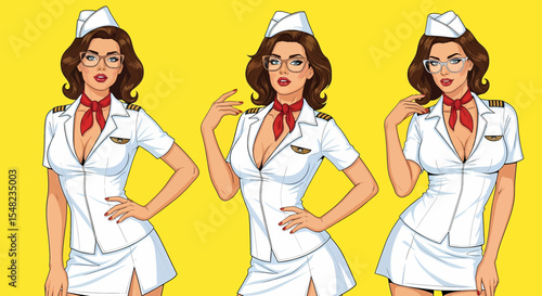 Adobe illustrator artwork vector illustration: Pop art pin-up style illustration featuring set of confident air stewardesses against a vibrant yellow backdrop