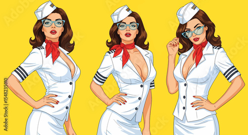 Adobe illustrator artwork vector illustration: Pop art pin-up style illustration featuring set of confident air stewardesses against a vibrant yellow backdrop