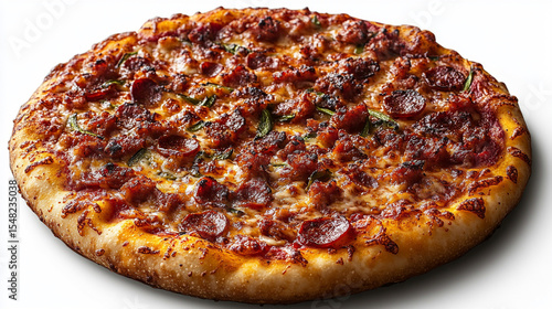 Whole meaty pizza with herbs on white background for menu