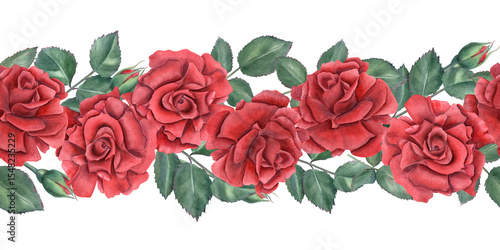 Red roses and green leaves seamless watercolor banner isolated background. Hand painted romantic floral illustration for textile pattern, wedding decor, memorial day, birthday design