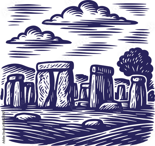 Stonehenge monument in vintage engraved style illustration