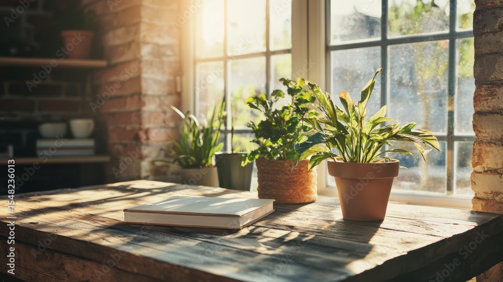 Fototapeta premium Sunlit windowsill with various potted plants in rustic interior cozy natural home gardening lifestyle scene