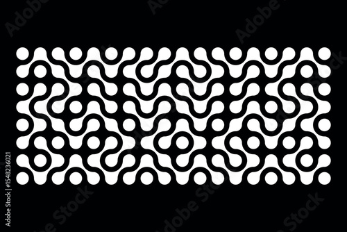 White pattern of metabol dots on black background. Abstract geometric figures of connected molecules. Modern vector design for background, banner, presentation.