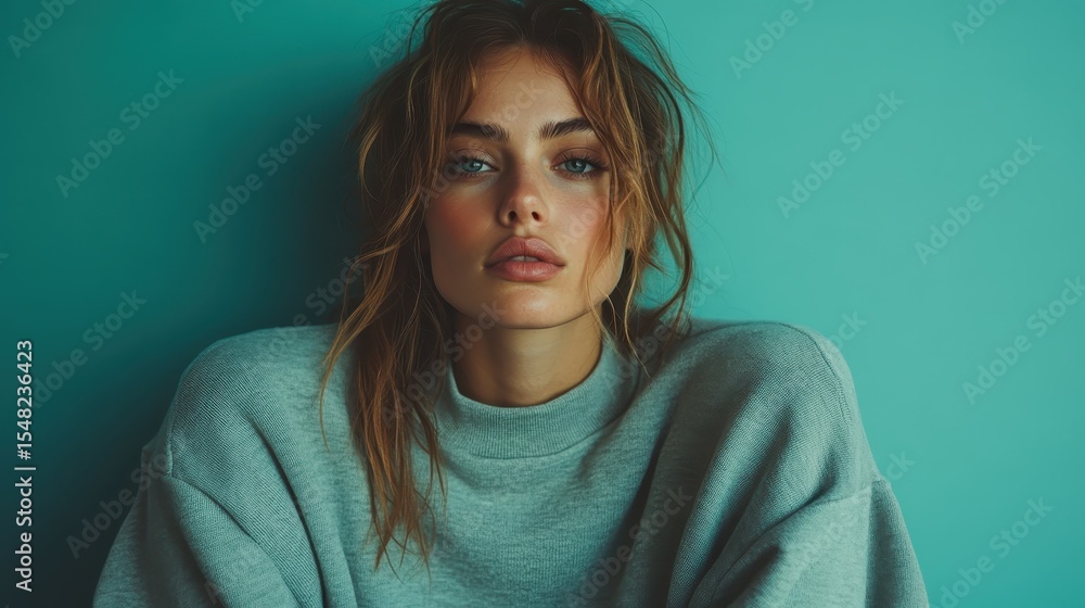 Fototapeta premium A beautiful portrait of a young woman with natural beauty, exuding charm and laid-back elegance against a soothing turquoise background, encapsulating modern beauty standards.